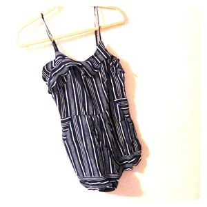 LOFT Navy + White Stripe Romper w/ Ruffles